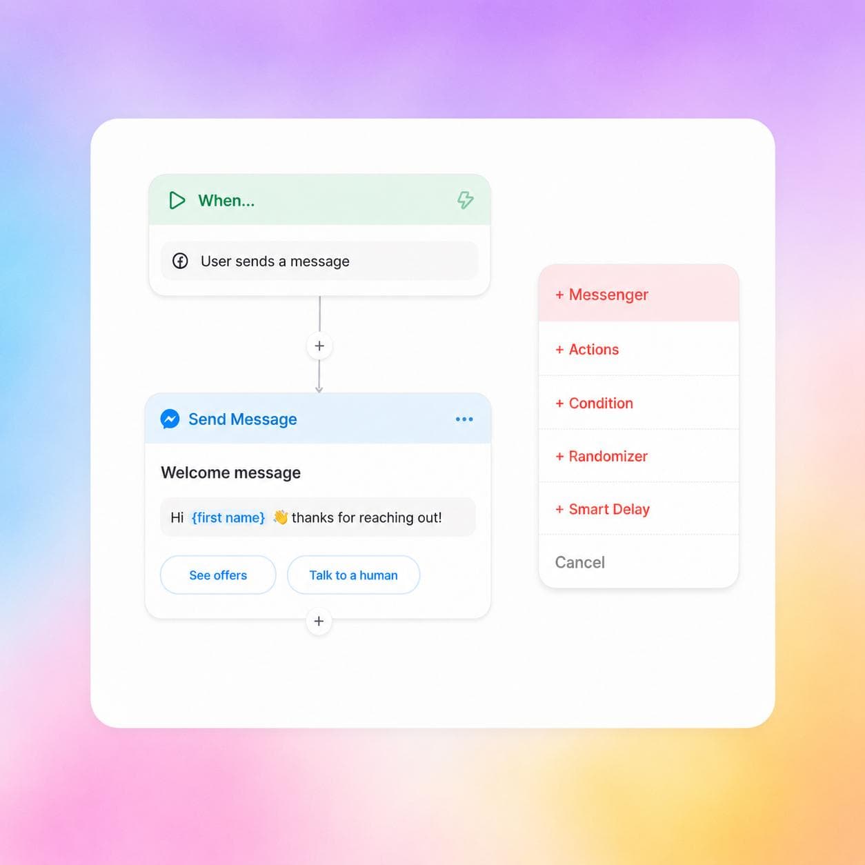 Visual automation builder with a trigger wired to a message step