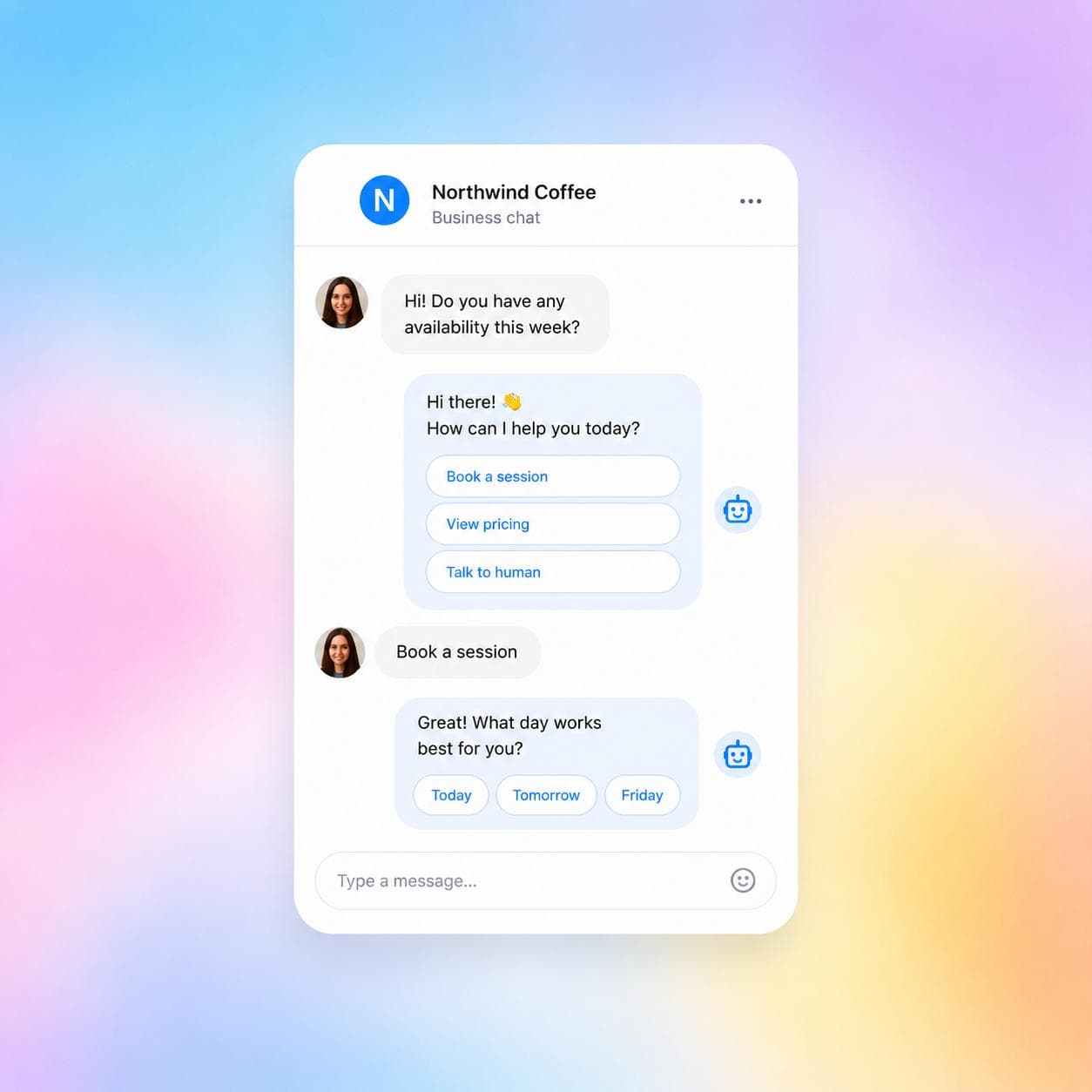 Messenger conversation with AI quick-reply buttons